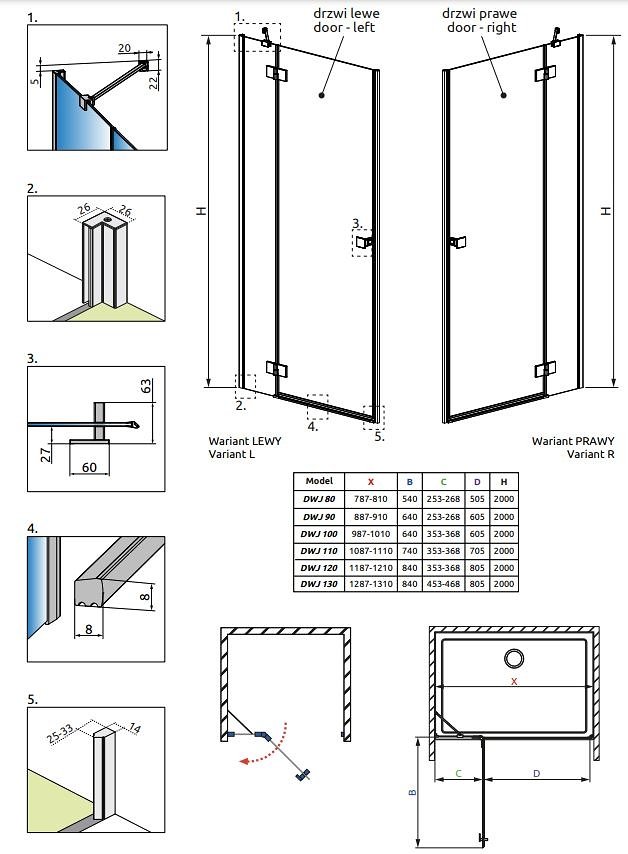 Radaway Essenza Black DWJ sprchové dveře 100 x 200 cm - Levé - Image 5